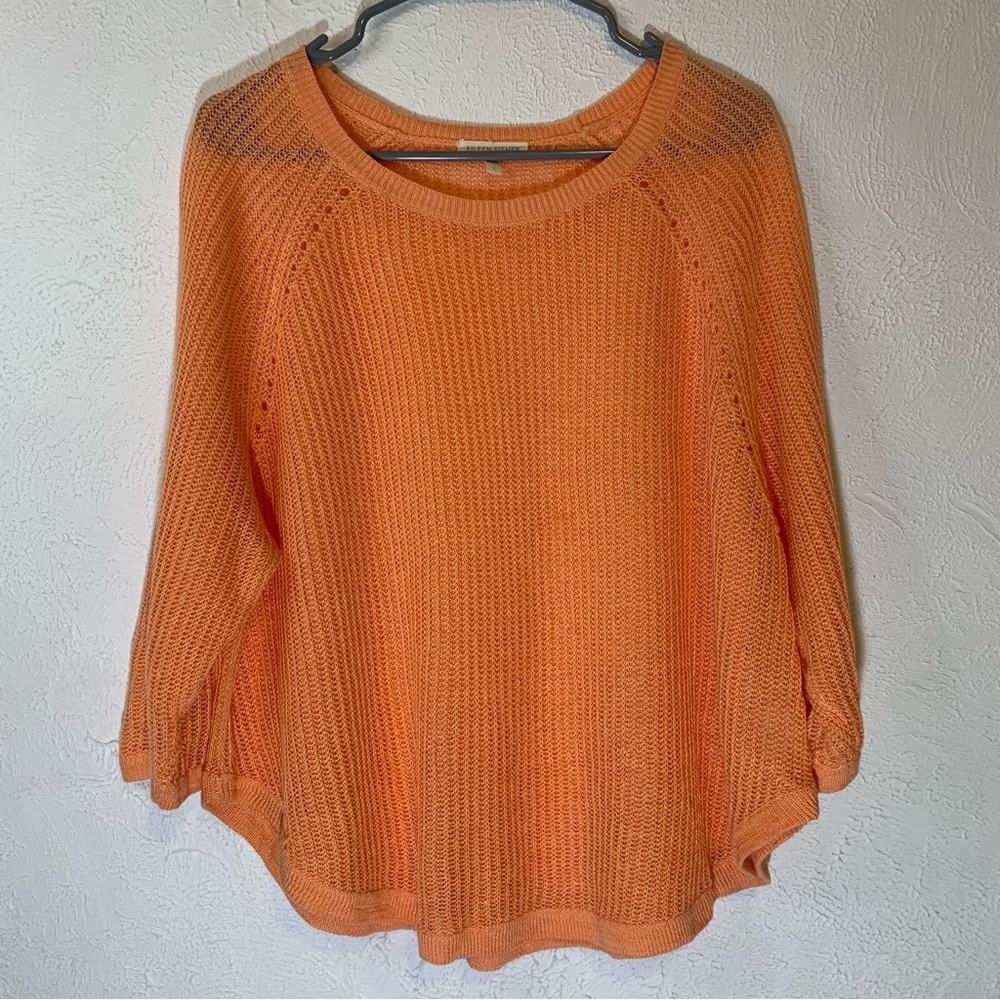 Eileen Fisher Linen Knit 3/4 Sleeve Sweater Shirt Blouse Large Orange/Coral